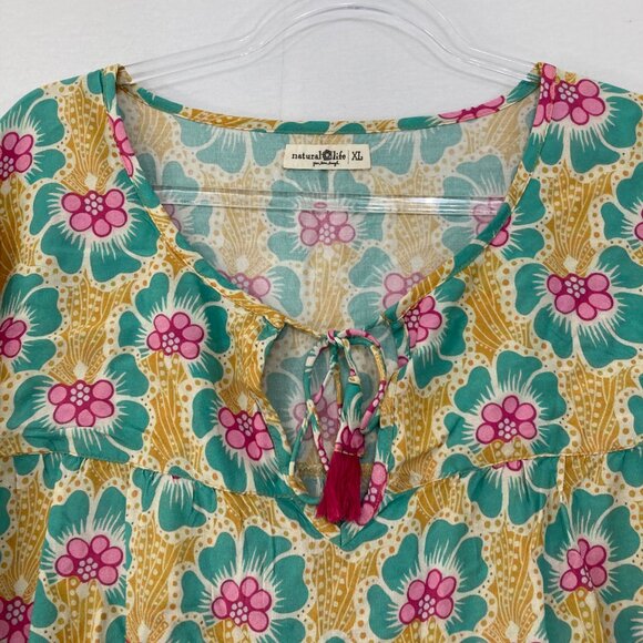 Natural Life size XL Colorful Floral Boho Festival Puff Sleeve Tie Front Blouse - Picture 3 of 9